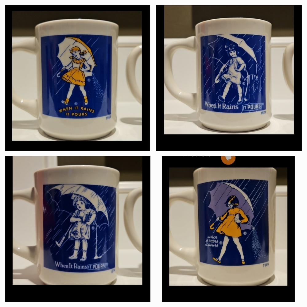 Morton Salt Advertising Coffee Cup Mug Set "When it Rains it Pours" Vintage NIB!